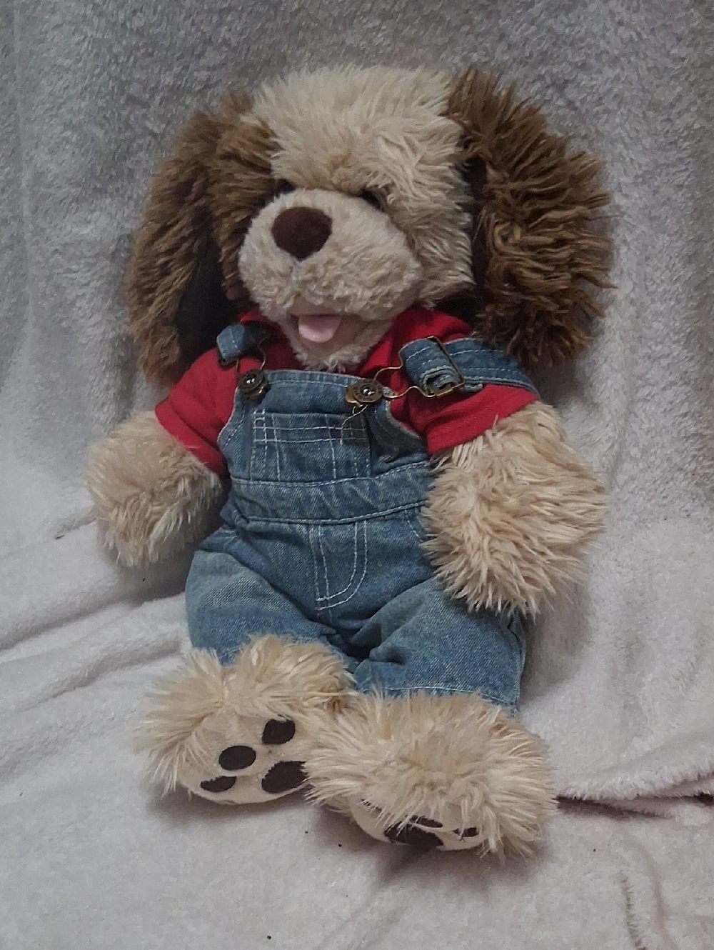 Build-A-Bear Plush Puppy in Red Shirt and Blue Denim Overalls
